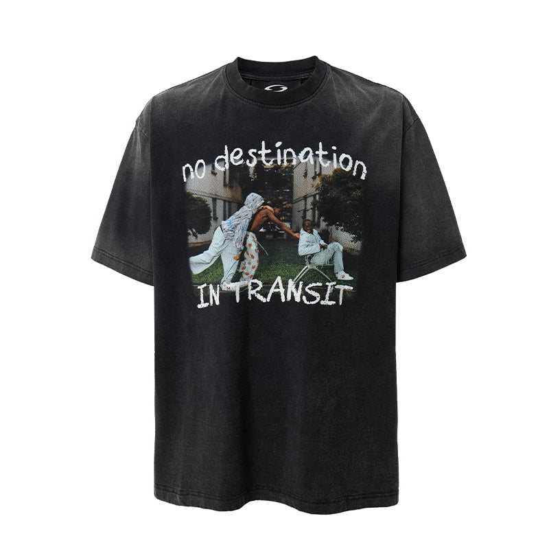 F2CE heavy-duty washed vintage printed T-shirt with American retro vintage print, high street trend, summer loose casual short sleeved shirt
