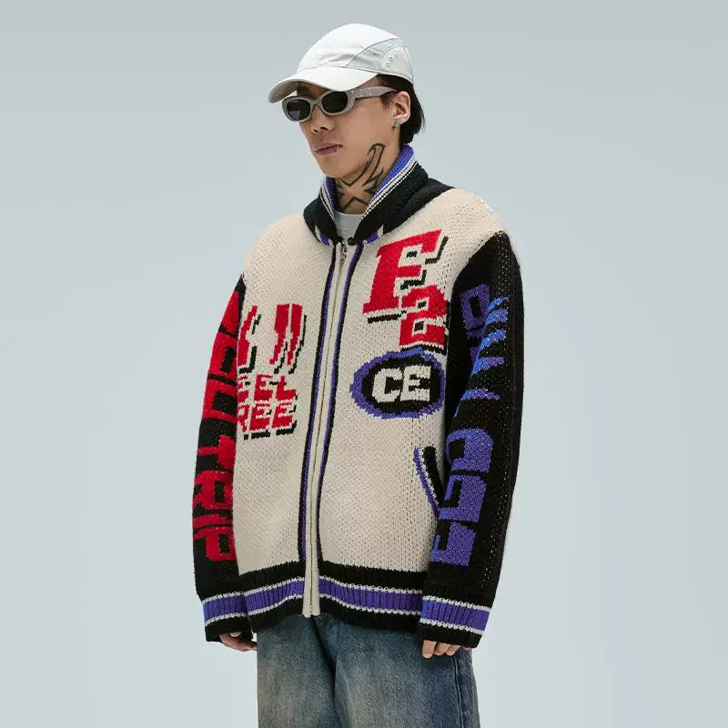 F2CE Trendy Wool Sweater Cardigan Loose Splicing Color Contrasting Lazy Thick Thread Casual Knitted Sweater Couple Winter Coat