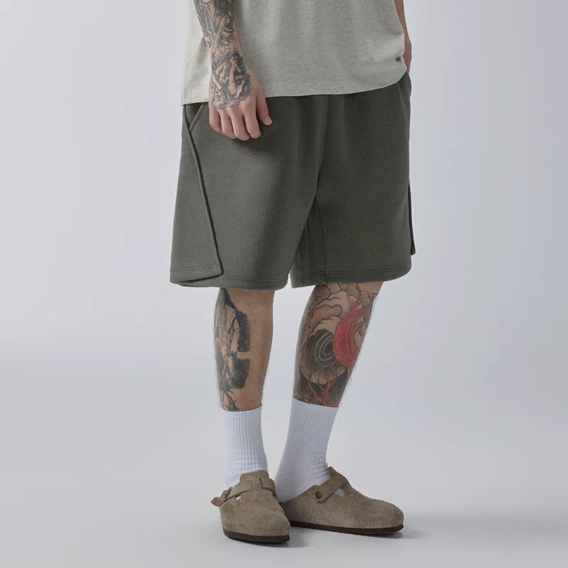 F2CE solid color casual pants beach five quarter pants men's deconstruction splicing embroidery versatile basic trend loose shorts