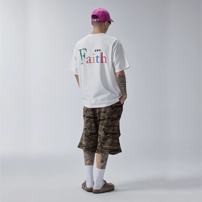 F2CE trendy loose washed vintage camouflage cropped pants with knee folds and curved blades casual pants versatile shorts for men in summer