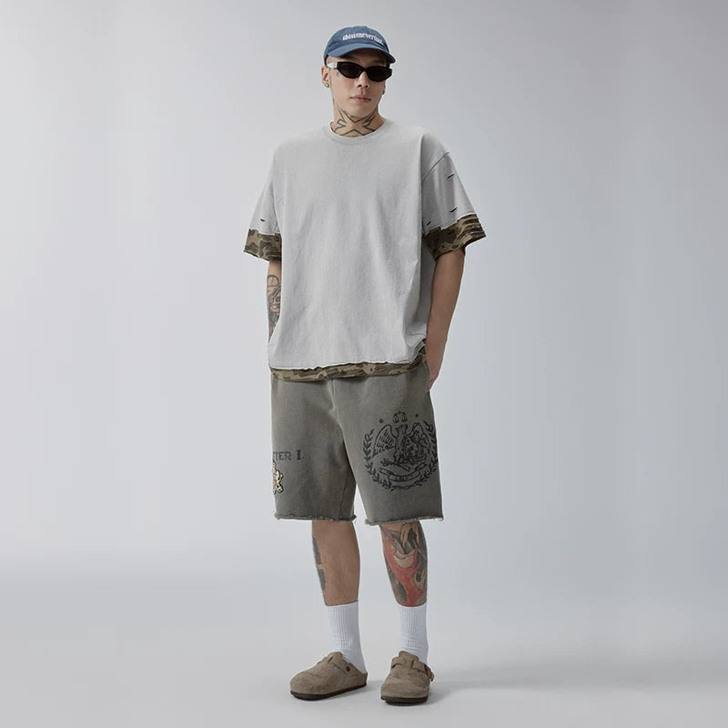 F2CE Trendy Loose Washed Outdated Printed Stamp Hairy Casual Versatile Shorts Men's Beach Pants Pentagram Pants