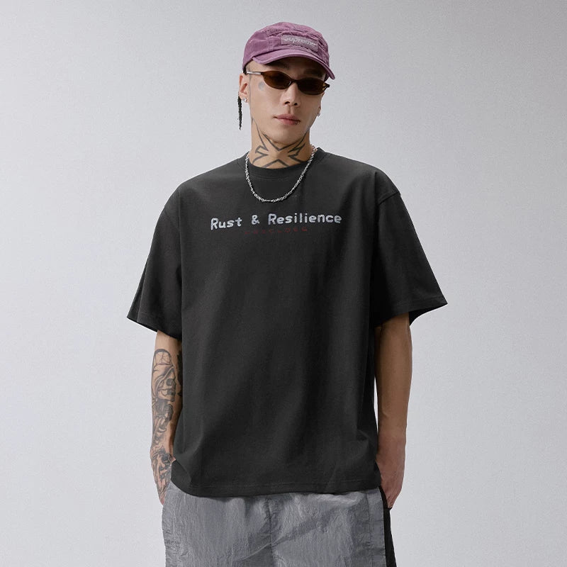 F2CE Heavy duty Washed Vintage American Trendy Metal Logo Printed T-shirt High Street Summer Loose Casual Short Sleeve
