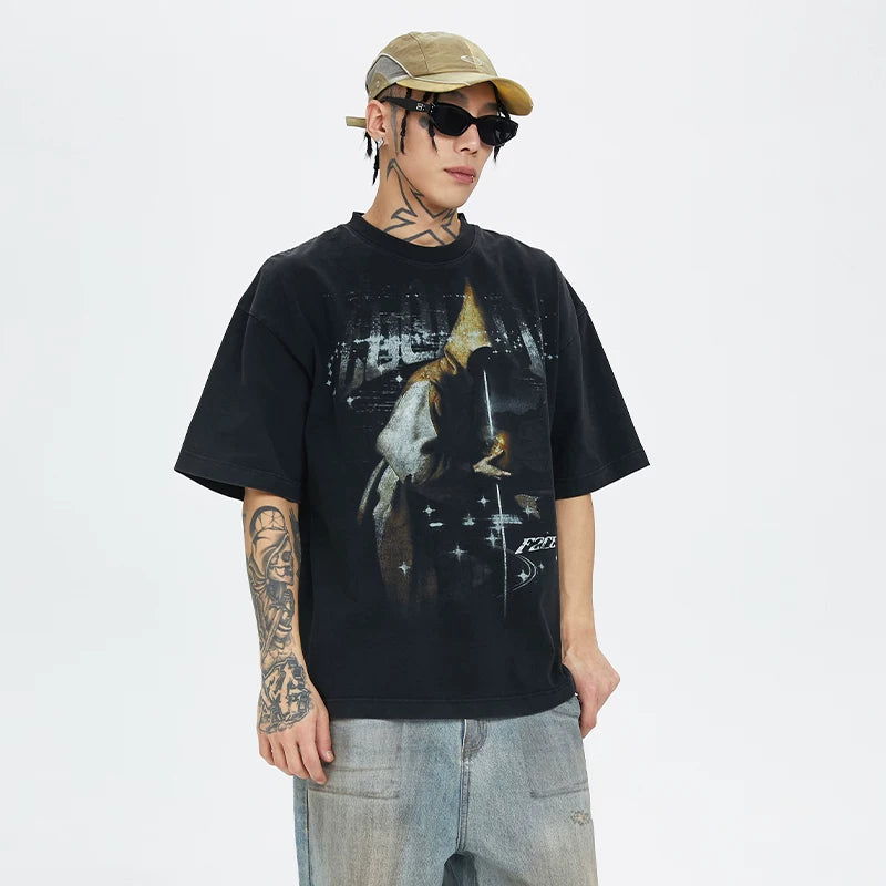 F2CE Heavy duty Washed Old American Retro Vintage High Street Trendy Printed T-shirt Summer Loose Casual Short Sleeve