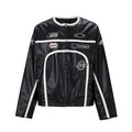 F2CE trendy embroidered leather jacket with retro stripes, loose and trendy motorcycle leather jacket, racing suit jacket for men