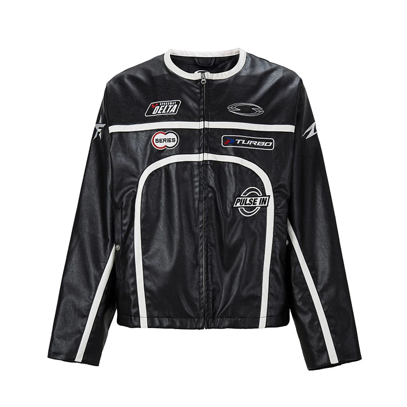 F2CE trendy embroidered leather jacket with retro stripes, loose and trendy motorcycle leather jacket, racing suit jacket for men