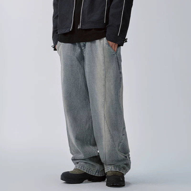 F2CE fashion deconstruction splicing old washed denim jeans men's heavyweight retro loose straight leg wide leg versatile pants
