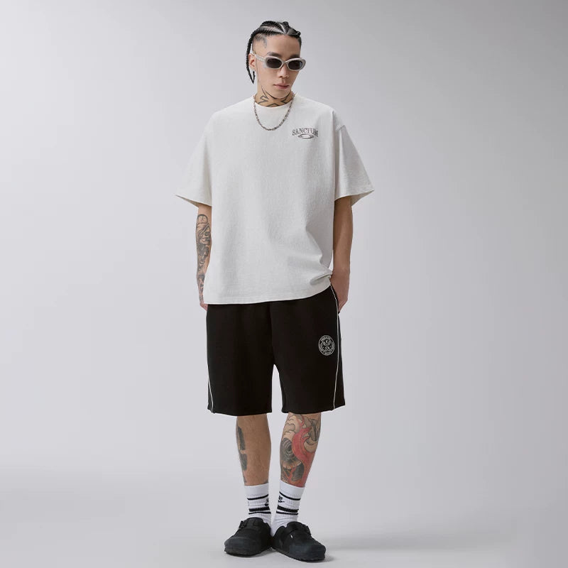 F2CE American style retro college emblem sports shorts black pure cotton side striped loose casual pants