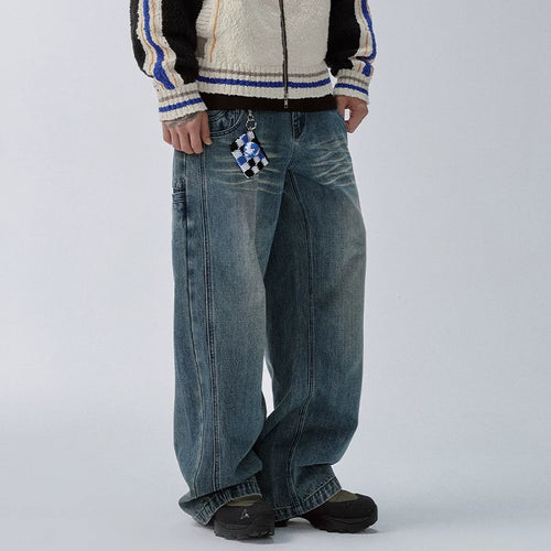 F2CE American street wash, vintage and fake, two pieces of double waist stacked jeans, men's loose straight leg wide leg casual pants