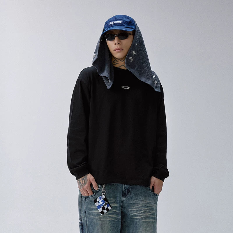 F2CE American style trendy metal logo loose heavyweight long sleeved T-shirt men's and women's round neck versatile top base shirt