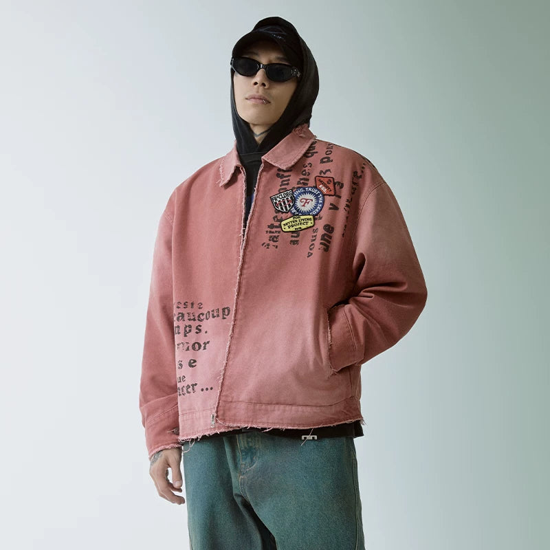 F2CE trendy worn-out print embroidery silhouette military fabric canvas zipper cleanfit jacket red jacket