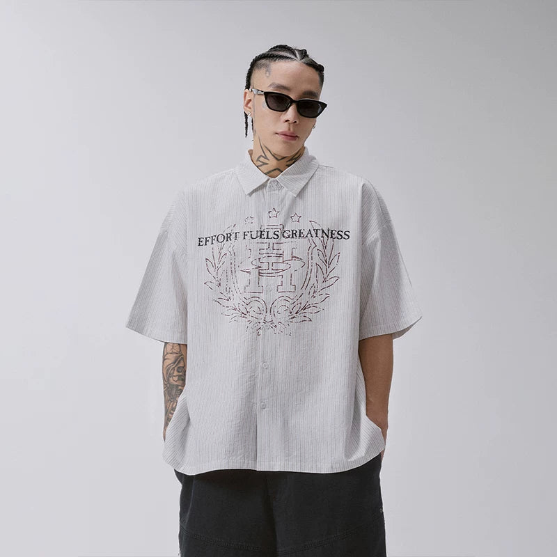 F2CE summer vertical striped short sleeved shirt men's heavyweight printed shirt pure cotton versatile half sleeved loose casual jacket