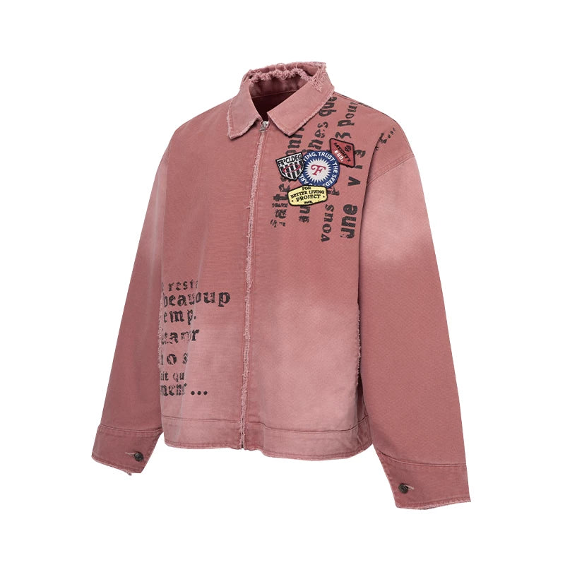F2CE trendy worn-out print embroidery silhouette military fabric canvas zipper cleanfit jacket red jacket