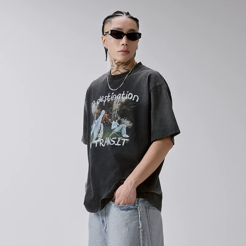 F2CE heavy-duty washed vintage printed T-shirt with American retro vintage print, high street trend, summer loose casual short sleeved shirt