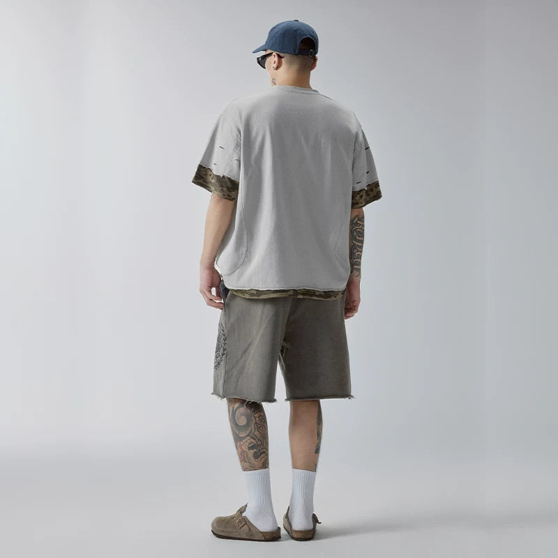 F2CE Trendy Short Sleeve Deconstructed Splicing Color Contrasting Stacking Camo Piercing Half Sleeve Heavy Weight Loose Casual Versatile T-shirt