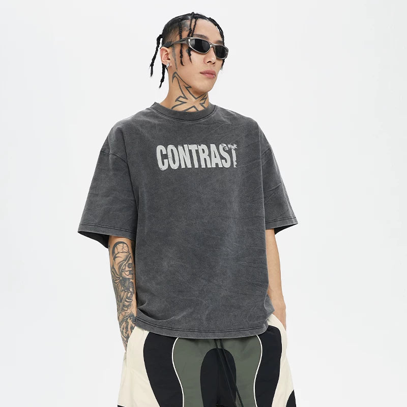 F2CE basic slogan print summer couple short sleeved heavyweight vintage clean fit simple T-shirt for men and women