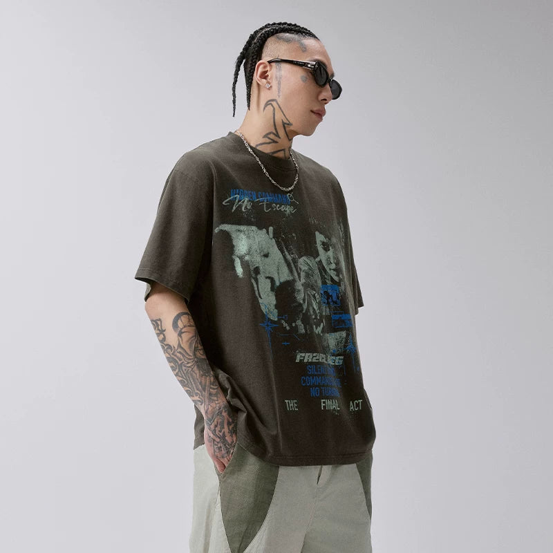FCE重磅水洗做旧美式复古vintage高街潮流印花T恤夏宽松休闲短袖