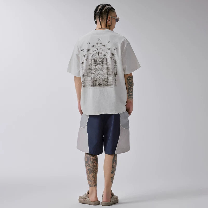 F2CE Dark Gothic Church Printed Short Sleeve American High Street silhouette Summer Tide Brand Off Shoulder Sleeve Casual Loose T-shirt