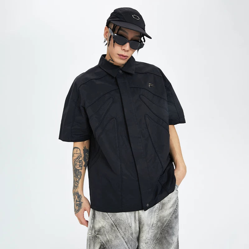 F2CE loose silhouette dark skeleton three-dimensional shirt high street trendy American metal logo functional short sleeved men