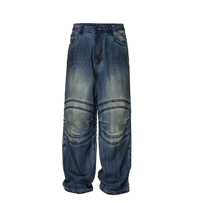 F2CE heavyweight dirty retro washed old loose straight leg bone pleated wide leg autumn and winter trendy jeans
