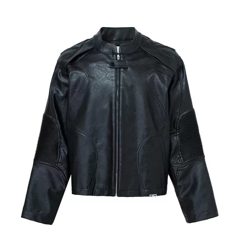 F2CE deconstruction splicing heavyweight stand up collar black leather jacket loose motorcycle leather jacket men's silhouette Vibe casual trendy jacket