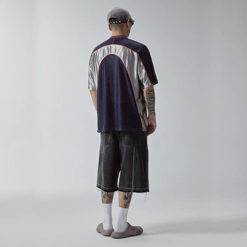 F2CE Trendy Splicing Color Contrasting Double layer Mesh Breathable Quick drying Printed Sports Short Sleeve Half Sleeve Ice Hockey Jacket T Men