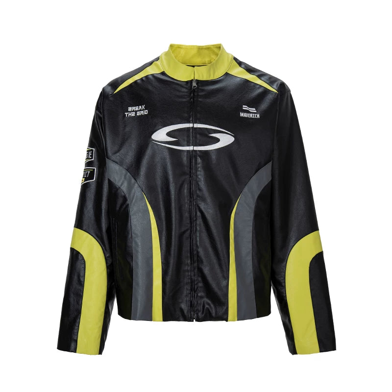 F2CE splicing contrasting embroidered leather jacket, loose American avant-garde motorcycle stand up collar leather jacket, racing suit, casual jacket