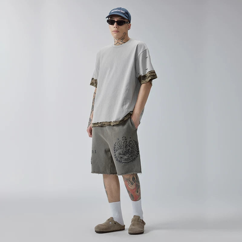 F2CE Trendy Short Sleeve Deconstructed Splicing Color Contrasting Stacking Camo Piercing Half Sleeve Heavy Weight Loose Casual Versatile T-shirt