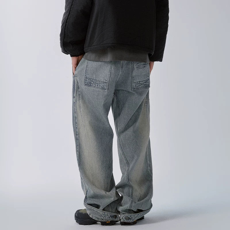F2CE fashion deconstruction splicing old washed denim jeans men's heavyweight retro loose straight leg wide leg versatile pants