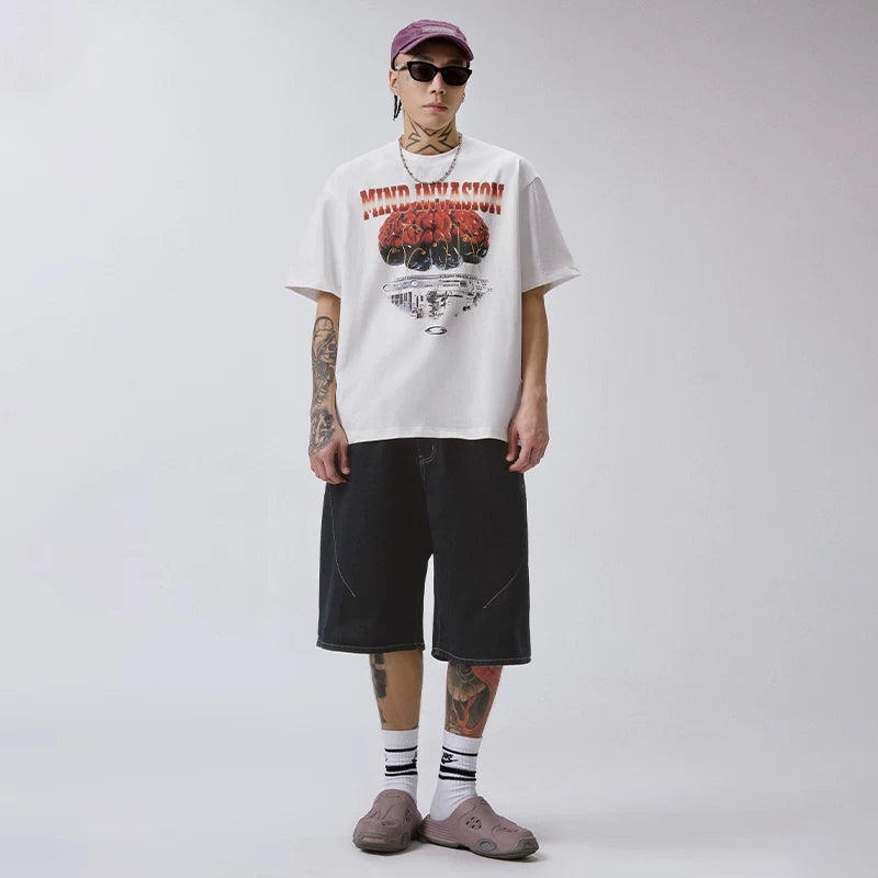 F2CE American high street cyberwind brain print short sleeved loose oversized silhouette couple casual T-shirt trend