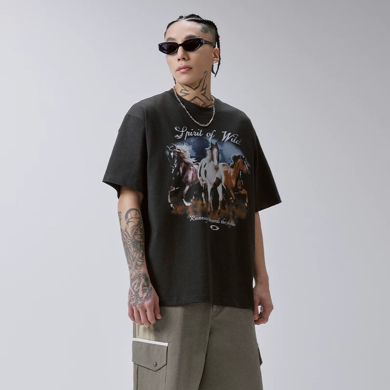 F2CE American retro vintage washed horse print T-shirt for men and women, oversized high street short sleeved top