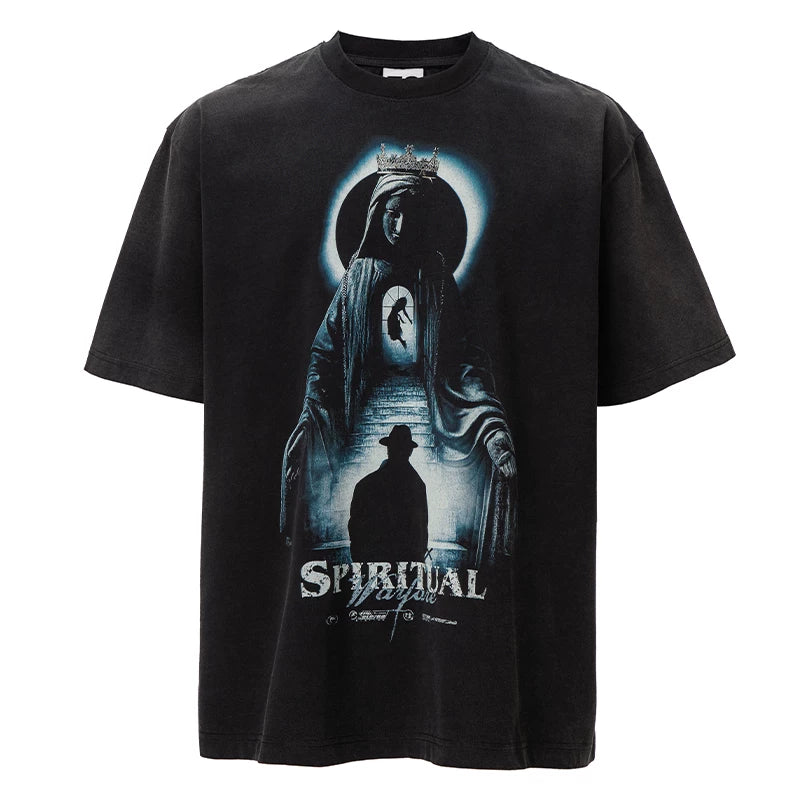F2CE Heavy duty Washed Old American Retro Vintage High Street Trendy Printed T-shirt Summer Loose Casual Short Sleeve
