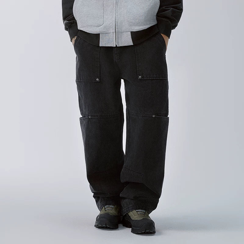 F2CE High Street Trendy American Casual Pants Used Jeans with Multiple Pockets Loose and Loose Straight Tube Workwear Pants