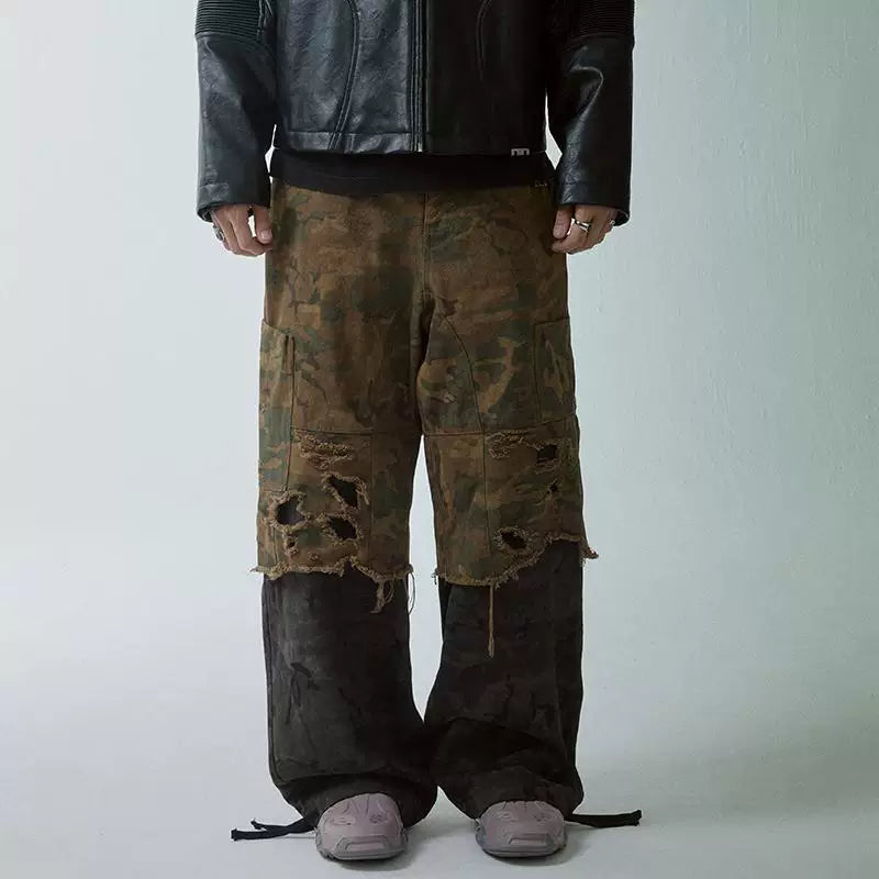 F2CE Trendy Casual Pants Splicing to Make Old Loose Vibe Camo Pants Waste Soil Washed Damaged Double Layer Stacked Pants