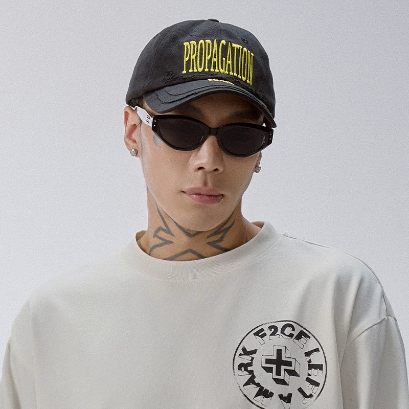 F2CE worn-out embroidered trendy splicing deconstruction baseball cap soft top retro black duckbill hat adjustable for men and women