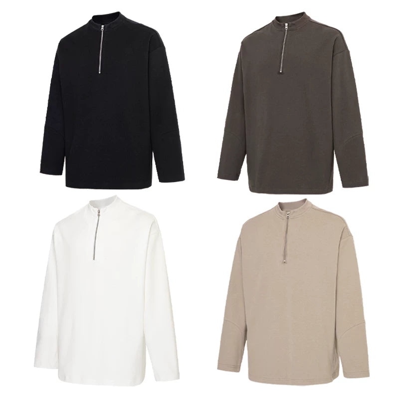 F2CE heavyweight basic solid color small stand up collar zipper long sleeved base T cotton American retro casual men's top autumn