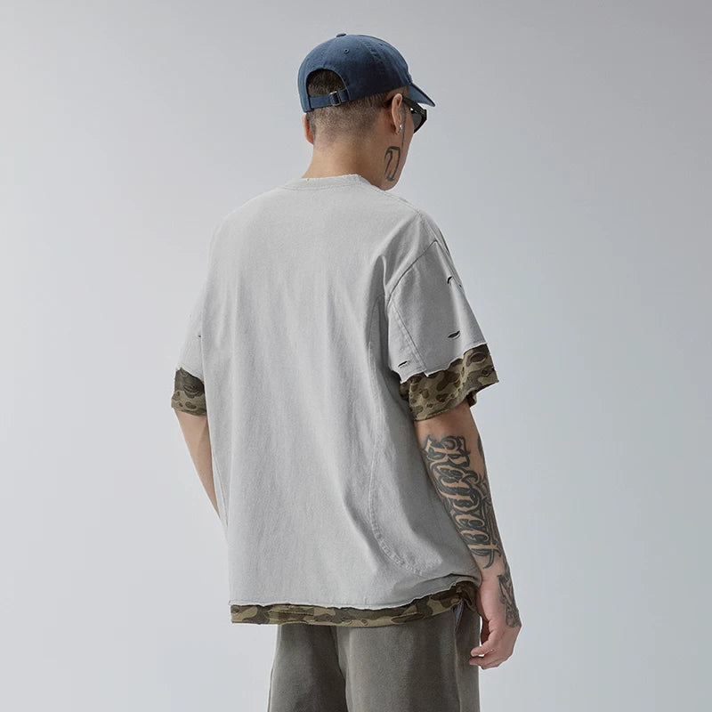 F2CE Trendy Short Sleeve Deconstructed Splicing Color Contrasting Stacking Camo Piercing Half Sleeve Heavy Weight Loose Casual Versatile T-shirt