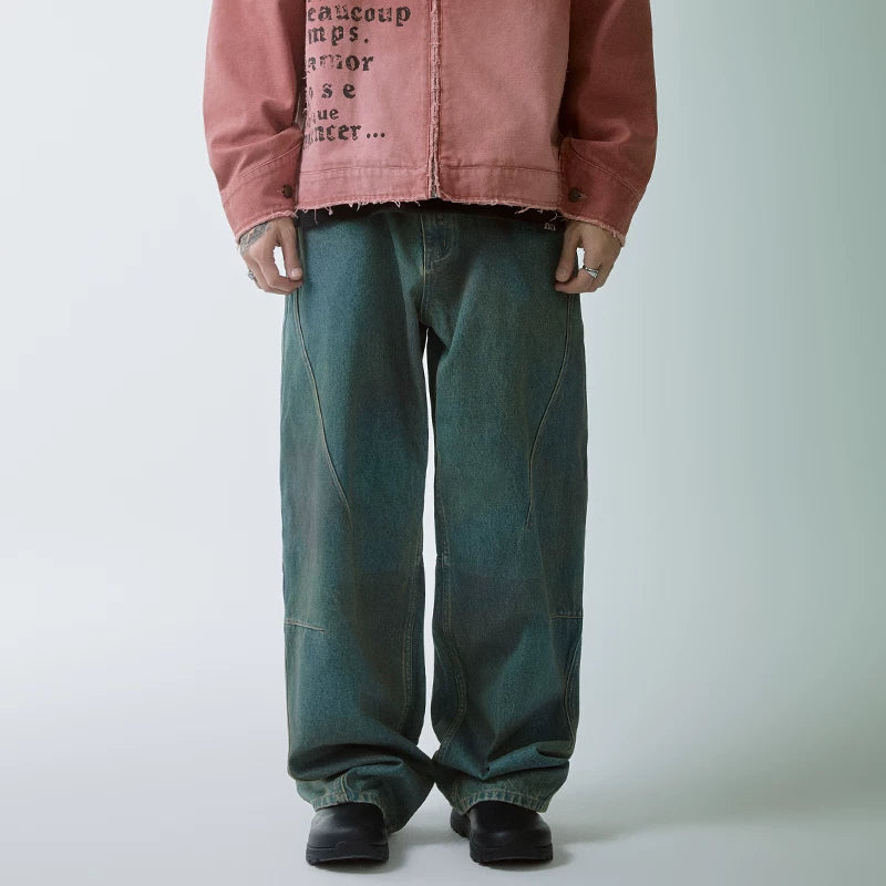 F2CE heavy-duty handmade gradient dyed washed vintage loose straight leg wide leg high street denim casual pants