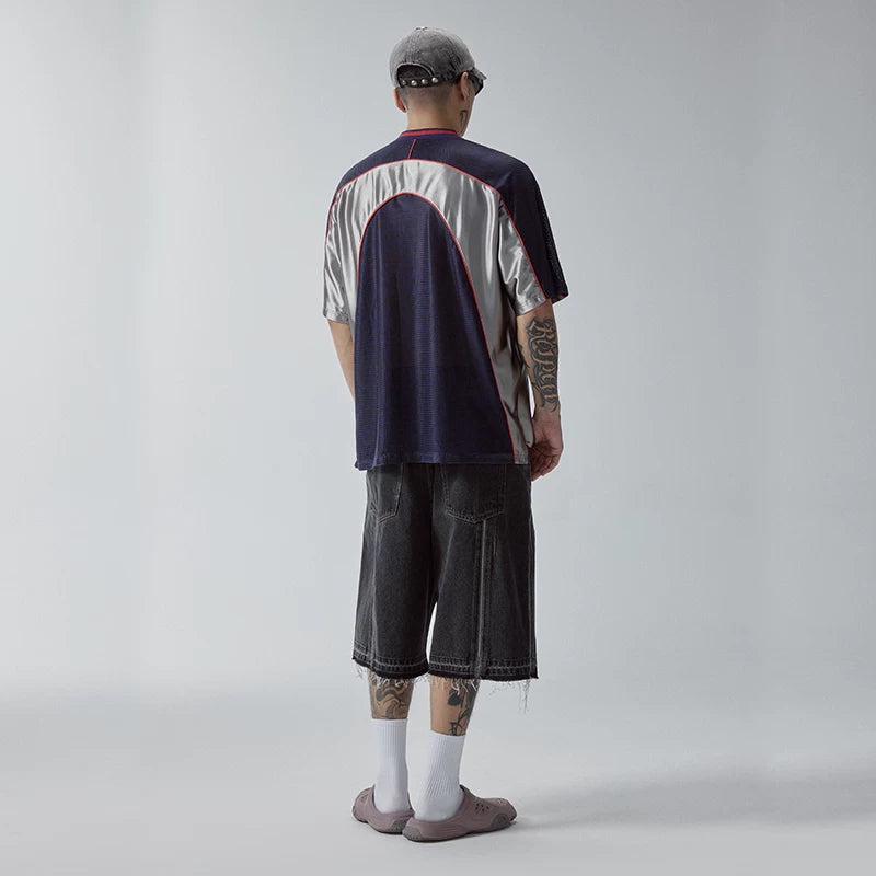 F2CE washed over knee denim shorts with loose silhouette and frayed edges, Vibe casual versatile cropped pants