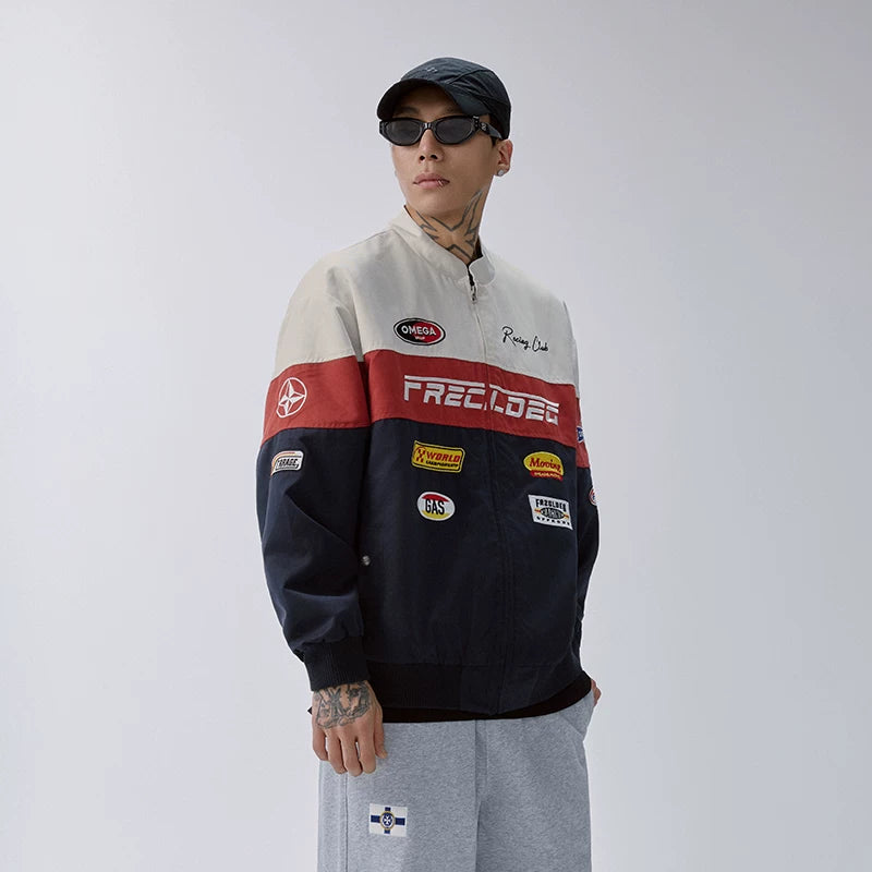 F2CE American Trendy Racing Jacket Splicing Color Contrasting Heavy Embroidered Loose Casual Men's Autumn/Winter Couple Coat