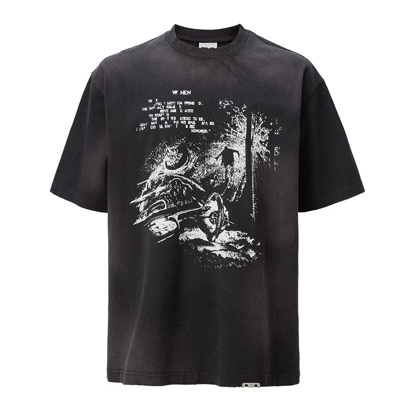 F2CE Heavy duty Washed Gradient Old American Retro High Street Trendy Printed T-shirt Summer Loose Casual Short Sleeve