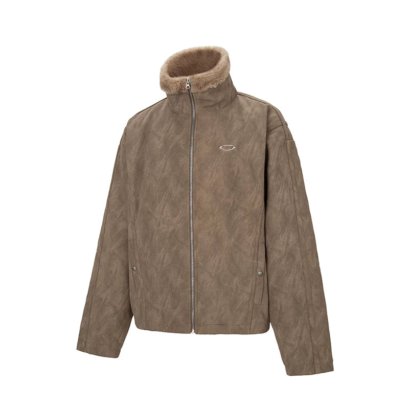 F2CE Trendy Mountain Carving with Velvet Thickened Warm and Cold Resistant Coat for Men, Heavy Weight Old Suede Leather Jacket, Wool Collar Cotton Jacket