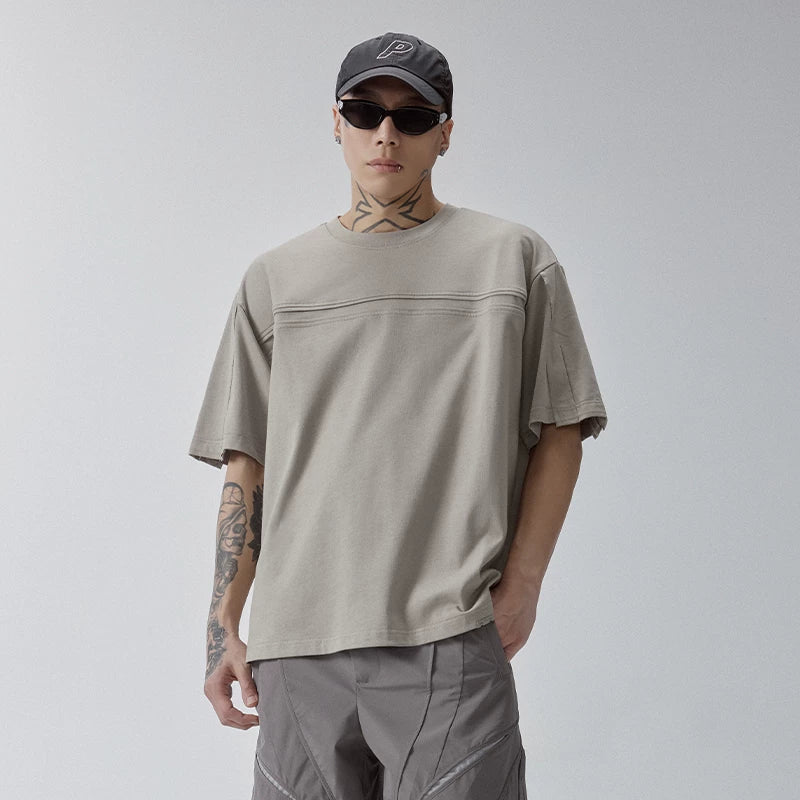 F2CE original basic versatile small collar trendy base solid color T-shirt with bone breaking splicing casual loose short sleeved shirt
