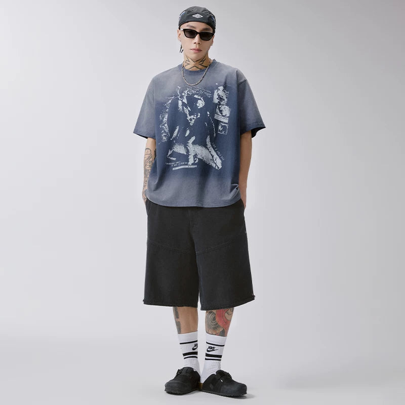 F2CE trendy shorts, washed and worn, loose silhouette, straight tube, rough edge, high street, Vibe black, versatile summer casual pants for men