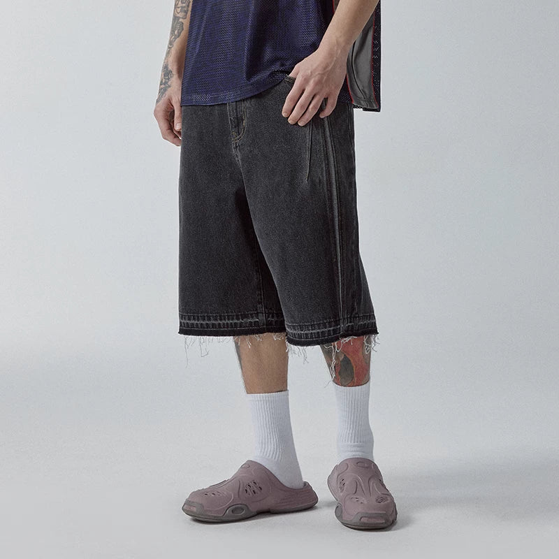 F2CE washed over knee denim shorts with loose silhouette and frayed edges, Vibe casual versatile cropped pants