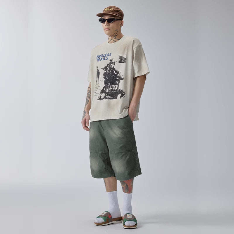F2CE vintage loose trendy shorts American high street men's summer pocket wide leg workwear washed gradient cropped pants