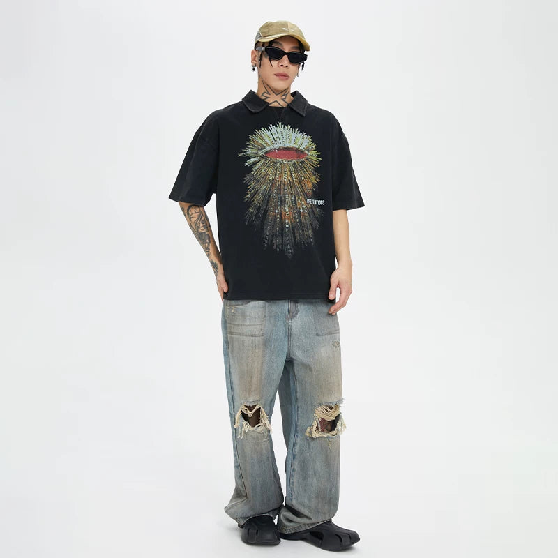 F2CE Heavyweight Washed Old POLO Shirt American Retro High Street Printed Couple T-shirt Summer Loose Casual Short Sleeve