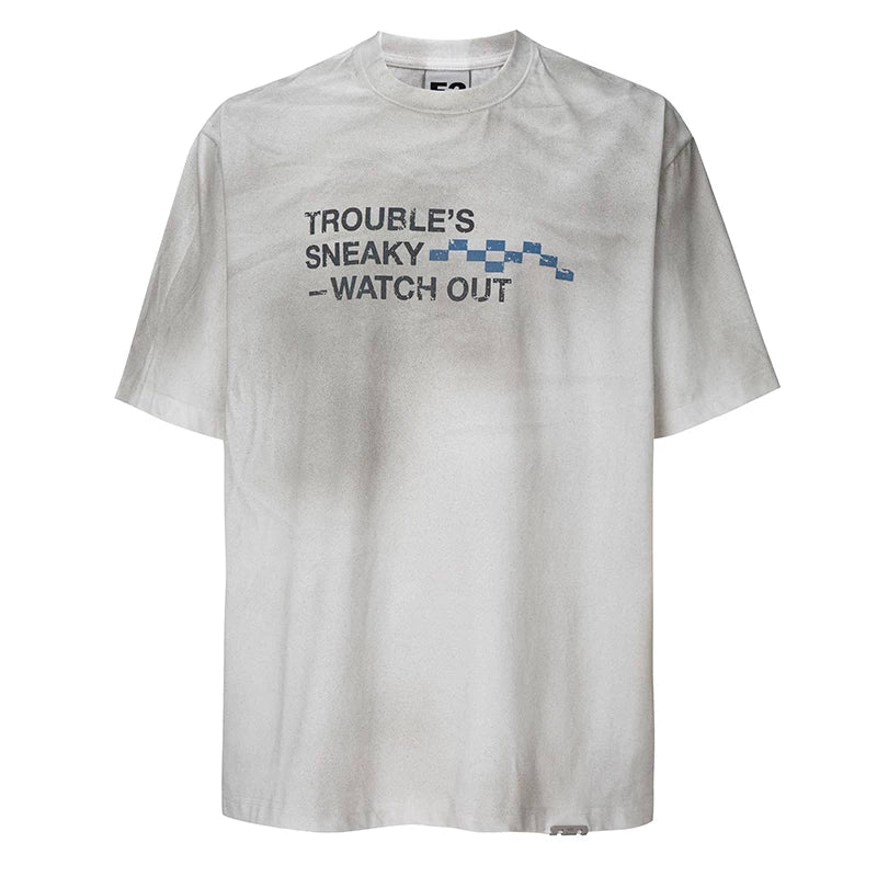 F2CE trendy vintage mud dye printed slogan short sleeved loose wide couple casual versatile T-shirt