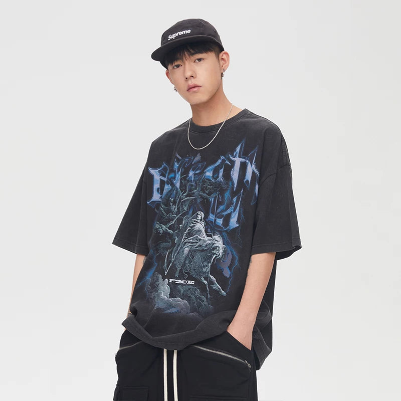 F2CE High Street Vibe vintage print vintage round neck short sleeved casual t-shirt men's loose trendy hip-hop