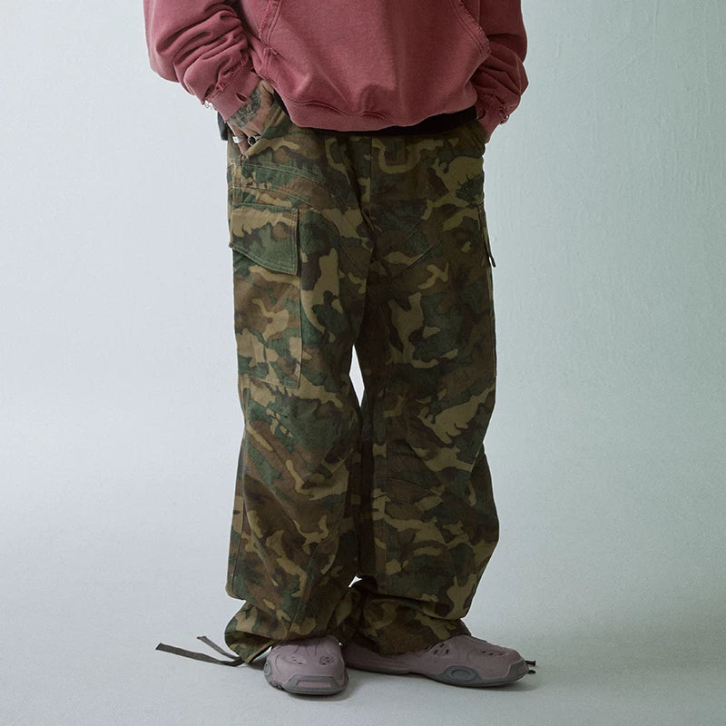 F2CE vintage wide leg loose cleanfit casual straight leg pleated paratrooper pants trendy green camouflage pocket work pants