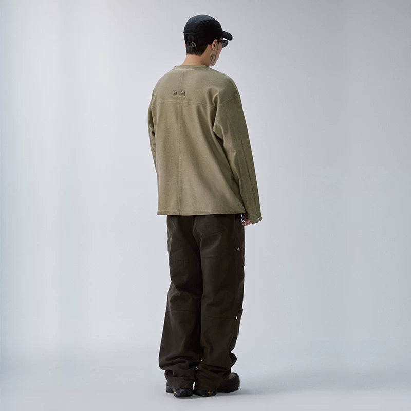 F2CE waste soil wind old dirty dyeing machine with rough edges long sleeved deconstruction splicing trendy high street loose men's and women's base shirts